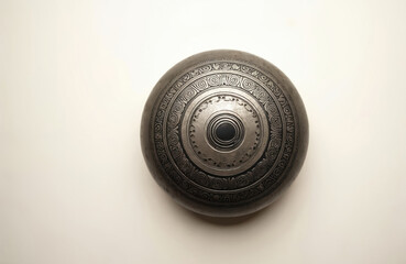 Overhead view of steel glucophone musical instrument featuring intricate circular patterns, Sanskrit OM symbol. Percussion instrument offers therapeutic sounds for meditation, relaxation, embodying