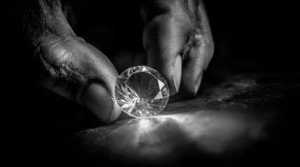 Hand delicately holds a large, faceted gemstone, brilliantly illuminated in the dark