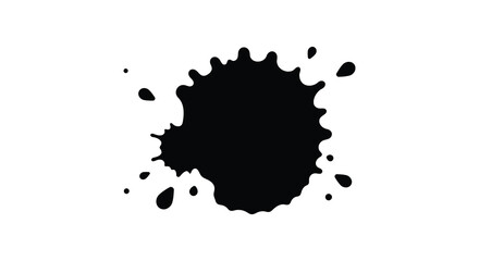 A large black ink splatter with smaller droplets on a white background