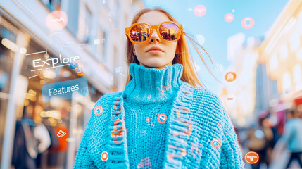 Fashionable woman with vibrant orange AR sunglasses navigating bustling smart city, interacting with floating digital interfaces and futuristic icons for enhanced urban exploration.