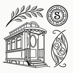 vector illustration of an old house Vintage-inspired USA company logo design pack, illustrated in delicate black and white contour line. Includes ornamental crests, circular monograms, and decorative 