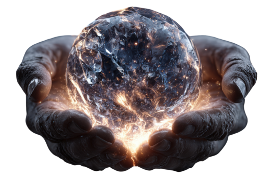 Ancient, weathered hands cradle a glowing, cosmic crystal ball filled with starlight and energy, isolated on transparent background - Powered by Adobe