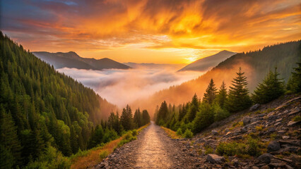 Majestic mountain valley at sunrise with a dirt road and mist sunset dawn