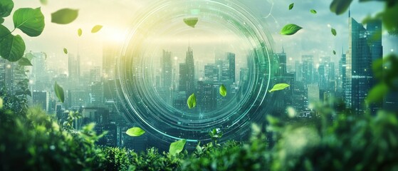 Obraz premium Futuristic Cityscape Viewed Through a Circular Portal Framed by Lush Greenery