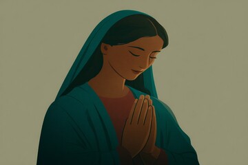 Serene image of Our Lady in blue and white robe, soft glowing light, neutral background with empty space for text, peaceful atmosphere.