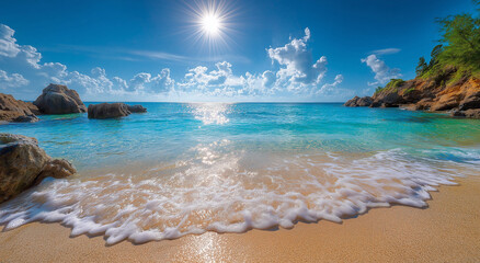A stunning beach scene with golden sand, azure water, beach.
