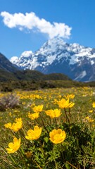 Obraz premium Bright yellow flowers bloom in a meadow, against a backdrop of snow-capped mountains and a clear blue sky.