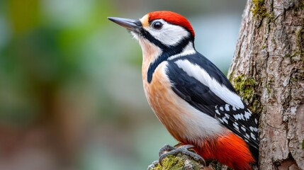 Naklejka premium Great spotted woodpecker perching on mossy tree branch