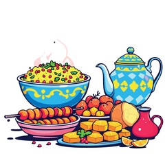 Vsai steaming hot couscous, skewers, and moroccan tea, a vibrant culinary scene