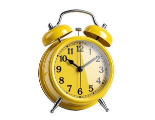 Bright yellow retro alarm clock with twin bells on transparent background. Classic style showing 8:00. Great for time-related designs and wake-up concepts in PNG format. 