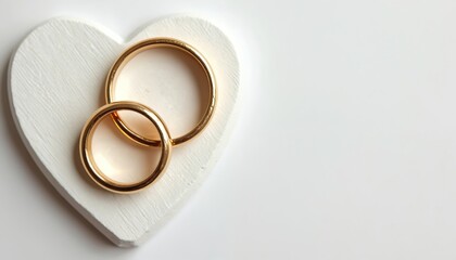 Two intertwined gold wedding rings rest on white heart-shaped surface. Elegant symbol represents love, commitment, union of couple. Shiny, precious metal design conveys tradition, timelessness for