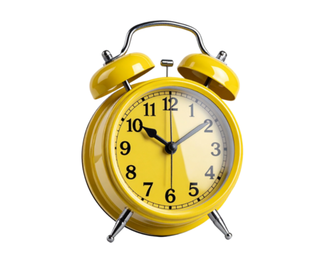 Bright yellow retro alarm clock with twin bells on transparent background. Classic style showing 8:00. Great for time-related designs and wake-up concepts in PNG format. 