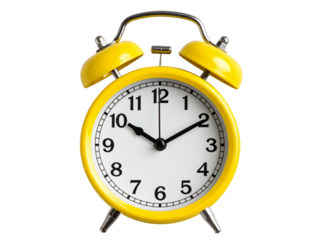 Bright yellow retro alarm clock with twin bells on transparent background. Classic style showing 8:00. Great for time-related designs and wake-up concepts in PNG format. 