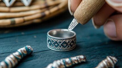 Close-up of skilled artisan's hand meticulously working on intricately patterned silver ring with specialized engraving tool on dark wooden surface