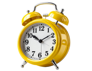 Bright yellow retro alarm clock with twin bells on transparent background. Classic style showing 8:00. Great for time-related designs and wake-up concepts in PNG format. 
