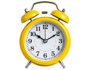 Bright yellow retro alarm clock with twin bells on transparent background. Classic style showing 8:00. Great for time-related designs and wake-up concepts in PNG format. 
