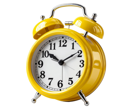 Bright yellow retro alarm clock with twin bells on transparent background. Classic style showing 8:00. Great for time-related designs and wake-up concepts in PNG format. 