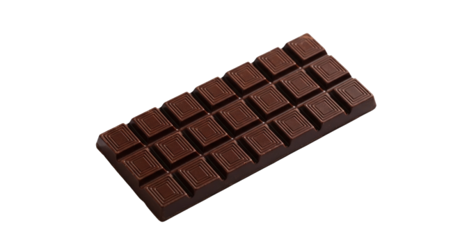 A dark chocolate bar with square segments on a black background is presented diagonally