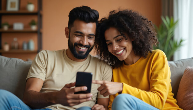 Happy Indian couple sits together on sofa, smiling, looking at smartphone. Woman points to phone screen, sharing content with boyfriend. Casual indoor scene at home, conveying connection, shared