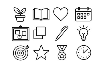 Intentional Living Icons. Outline icon set of intentional living goals: plant, book, heart, calendar, vision