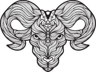 A detailed black and white illustration of a ram's head, featuring intricate line patterns and a stylized design.