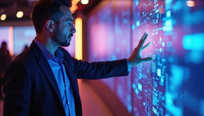 Professional man interacts with large interactive digital display at tech event. Blue, pink neon lights illuminate scene. Focus on business, innovation, future technology solutions, networking,