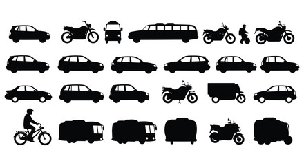 Collection of various vehicle silhouettes including cars motorcycles and bicycles