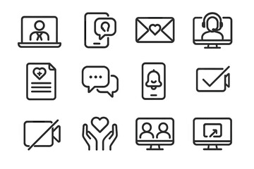 Invisible Disabilities Icon Set. Outline icon set of remote support for invisible disabilities: virtual HR,