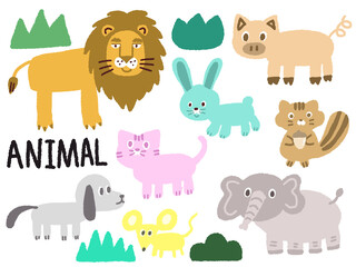 set of animals 숲속 동물 손그림 일러스트 사자 토끼 쥐 강아지 고양이 코끼리    
