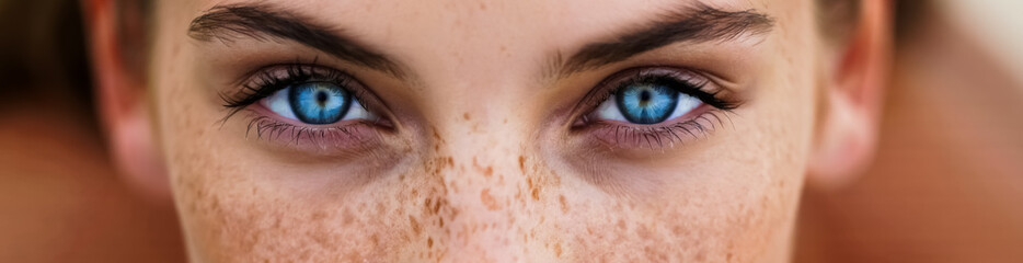 Obraz premium Woman with blue eyes and a red spot on her nose