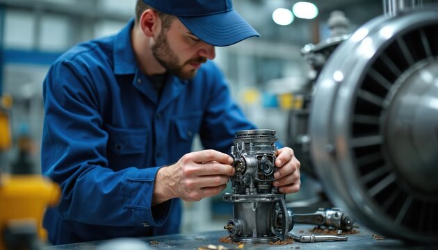 Mechanic in blue uniform works on complex engine part. Close-up shows focused hands with tools assembling intricate metal components. Airplane engine in background signifies aviation industry work.