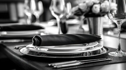 Elegantly set table with plates, silverware, and floral centerpiece, in monochrome