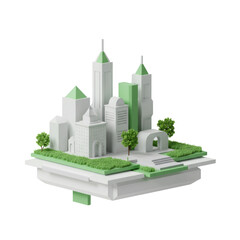 3D ミニチュア都市景観 緑と白の建物と木々 抽象的デジタルアートデザイン