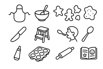 Kids Cooking Icons. Outline icon set of kids helping in holiday cooking: child-sized apron, mixing bowl, small
