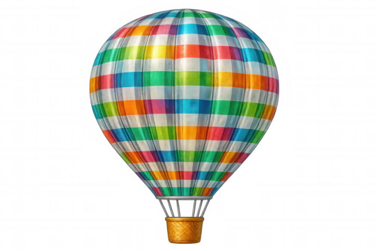 Colorful checkered hot air balloon hovering, transparent backdrop highlighting aerial adventure and travel concept - Powered by Adobe