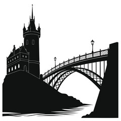 Ancient bridge leading to castle silhouette