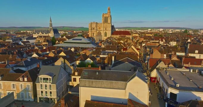 Aerial view of cities of Sens Burgundy France flying over the old historic center
