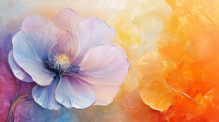 Soft Lavender and Warm Orange Blooms on Textured Canvas