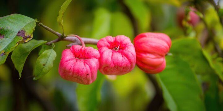 Beautiful pink fruits ripen on a tree branch amidst lush green foliage, an eye-catching sight.
