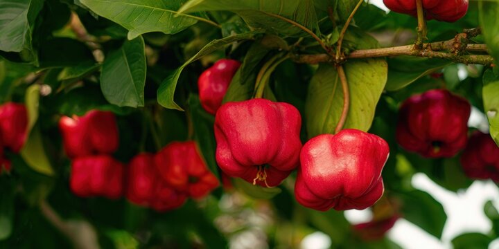 Bright red Surinam cherries ripening on a tree branch, ready to harvest.