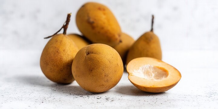 Sapodilla fruits, a healthy and delicious tropical fruit, are displayed with one cut open.