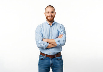 Fototapeta premium Smiling caucasian man with a beard with his arms crossed, isolated on transparent cutout background, cut out, png