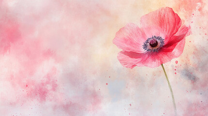 Watercolor Poppy Flower Painting with Soft Pink Background
