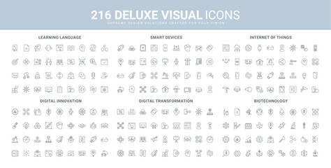 Iot support, foreign language learning, biotechnology, digital innovation line icon set. Fingerprint unlock and access to smart devices settings, payment thin black outline symbols vector illustration