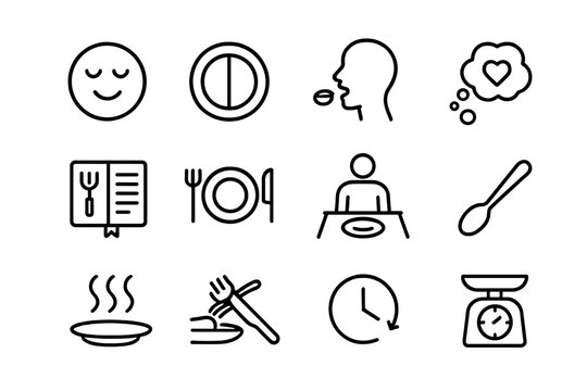 Mindful Eating Icons. Outline icon set of mindful eating at breakfast: calm plate, portion icon, slow chew