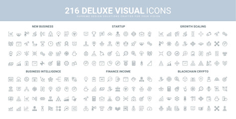 Business intelligence and startup development, scaling growth line icon set. Blockchain, crypto market development and fintech, managers thinking thin black outline symbols vector illustration