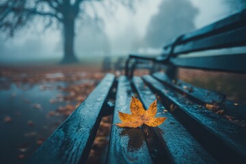 Autumn Leaf on Wet Park Bench in Foggy Landscape