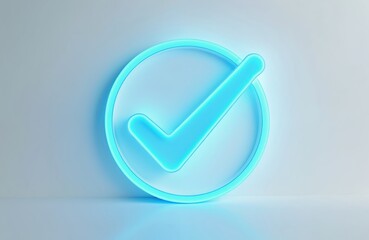 Three dimensional neon blue checkmark inside glowing circle. Modern symbol of success, approval, completion. Clean design for technology, quality assurance, user interface applications. Clear mark of