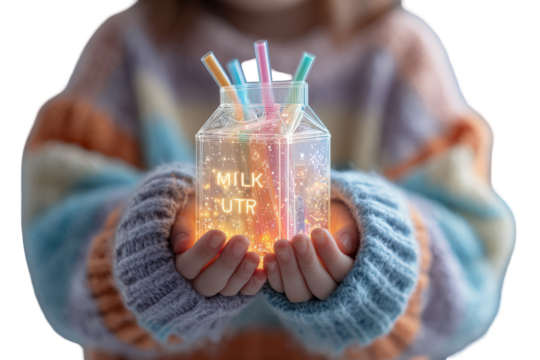 Child holding a glowing transparent milk carton with colorful straws, isolated on transparent background