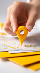 Hands placing a yellow location marker on a map for navigation concept